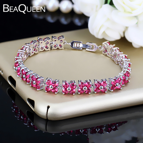 BeaQueen Lovely Women Four Round Rose Red CZ Stone Setting Crystal Flower Fashion Tennis Bracelet for Christmas Gift B068 ► Photo 1/6