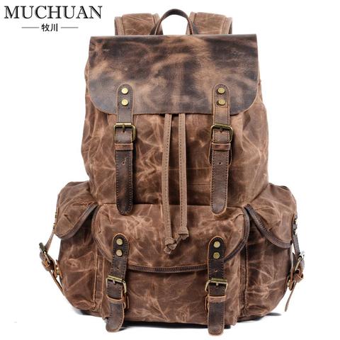 MUCHUAN Oil Waxed Traveling Students Rucksacks Large Capacity Waterproof Laptop Daypacks Pure Cotton Canvas Leather Backpacks ► Photo 1/6