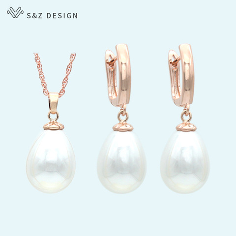 S&Z DESIGN Fashion Imitation Pearls Water Drop Earrings Jewelry Sets 585 Rose Gold White Gold For Women Wedding Party Jewelry ► Photo 1/6