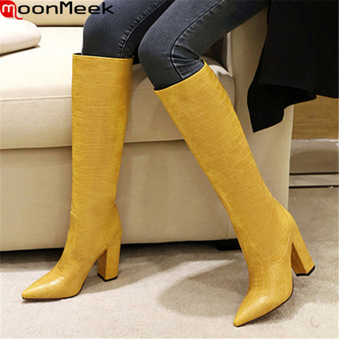 MoonMeek 2022 Big size 34-48 women boots ladies shoes sexy extreme high heels pointed toe knee high boots black yellow white ► Photo 1/6