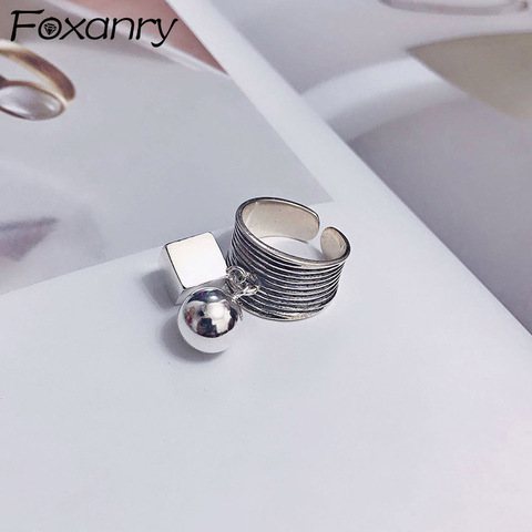 Foxanry 925 Sterling Silver Rings for Women New Fashion Simple Square Ball Pendant Vintage Punk Birthday Party Jewelry Gifts ► Photo 1/5