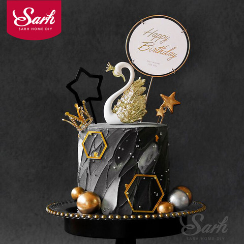 Gold Silver Crown Swan Cake Topper Happy Birthday Party Decoration for Baby Shower Kid Baking Supplies Anniversary Love Gifts ► Photo 1/5