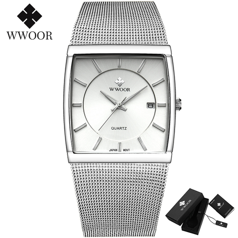 Reloj Hombre WWOOR Men Square Watches Slim White Watch Men Steel Mesh Waterproof Business Date Quartz Wrist Watch Gift Male xfcs ► Photo 1/6