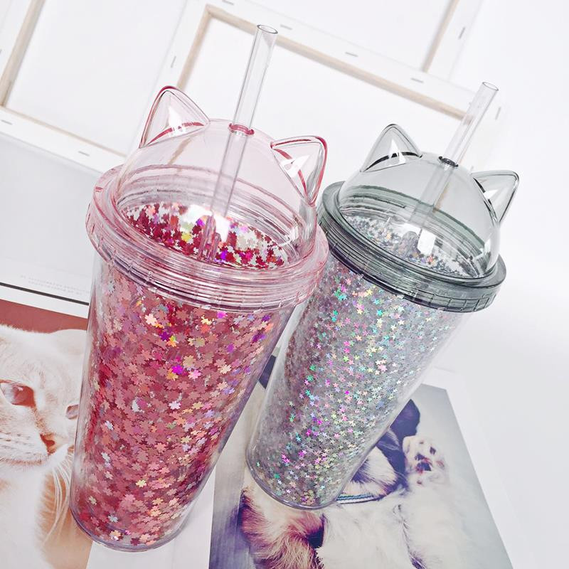 JOUDOO Candy Color 420ML Water Bottle for Girls Cute Star Sequin