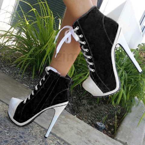 BERZIMER Platform Ankle Boots For Women Side Zip Roud Toe Heels Canvas Lace Up Zapatos Mujer Shoes Woman Large Size 45 49 50 50 ► Photo 1/5