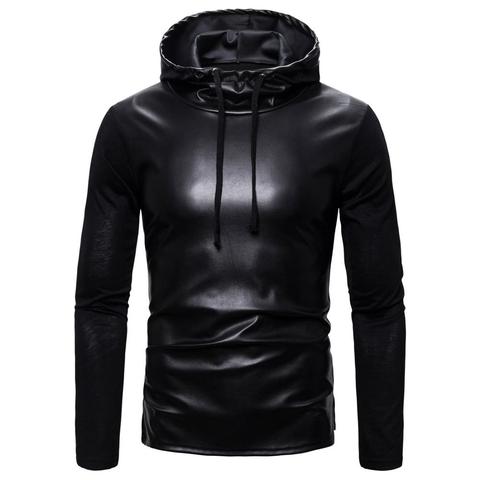 Idopy Autumn Winter Men Black PU Leather Hip Hop Long Sleeve T Shirt with Hooded Side Split Punk Tees Tops Hoodie For Male ► Photo 1/6