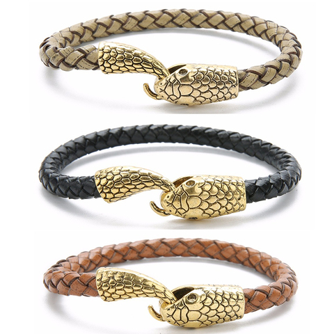 Vintage Silver Color Gold Snake Easy-Hook Leather Bracelets Men Viking Jewelry Black Brown Braid Bracelet Charms Bangle 2022 ► Photo 1/6