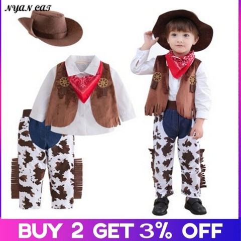 Baby boy Kids Toddlers Halloween costume cowboy 5-pc suit purim event Holiday outfits Hat Scarf Shirt waist coat Pants ► Photo 1/6