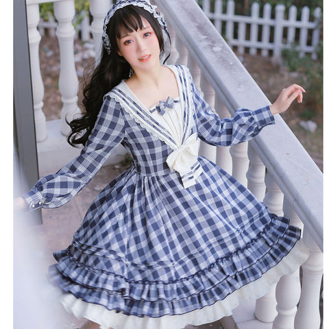 The Rhine River ~ Classic Sailor Collar Long Sleeve Plaid Lolita Dress by Strawberry Witch ► Photo 1/6