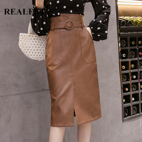 REALEFT Autumn Winter Sashes Women PU Leather Sheath Midi Skirts High Waist Knee-Length Wrap Skirts with Pocket Saia Female ► Photo 1/6