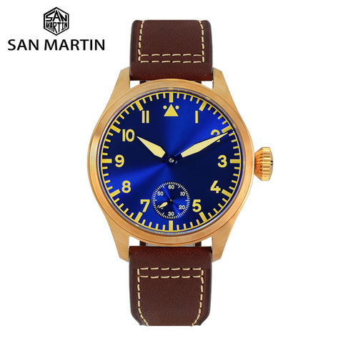 San Martin Bronze Pilot Men's  Watch Manual Mechanical Sapphire Leather Strap Luminous Water Resistant See-through Case Back ► Photo 1/6