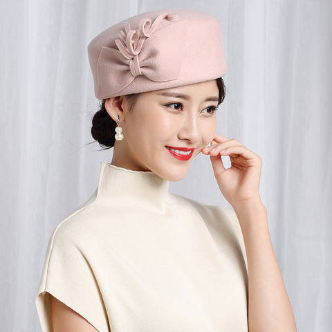 100% Wool Felt Berets Women Party Flower Formal Fedora Hat Banquet Grace Woolen Pillbox Cap Beautiful Fascinator ► Photo 1/5