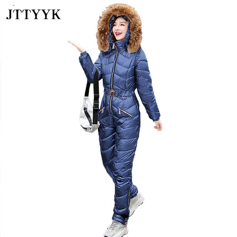 JTTYYK New Winter Women's Hooded Jumpsuits Parka Cotton Padded Warm Sashes Ski Suit Straight Zipper One Piece Casual Tracksuits ► Photo 1/6