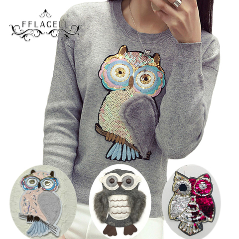 New Clothes T-shirt DIY Owl Sequins Patch Sew on Embroidered Paillette Applique