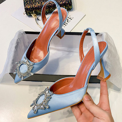 Big Size 41 42 Blue Women Pumps Silk Satin Pointy Toe Rhinestone Crystal High Heels Shoes Slip On Women Wedding Pumps Sandal ► Photo 1/5