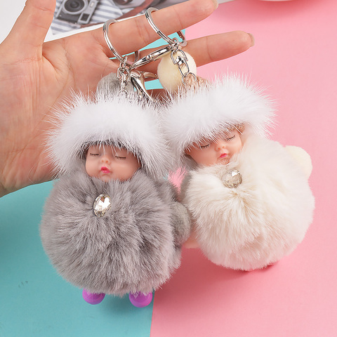 MOONBOHO Pompom Smiling Baby Keychains Cute Fluffy Plush Doll Key Chain for Women Girl Bags Pendant Cars