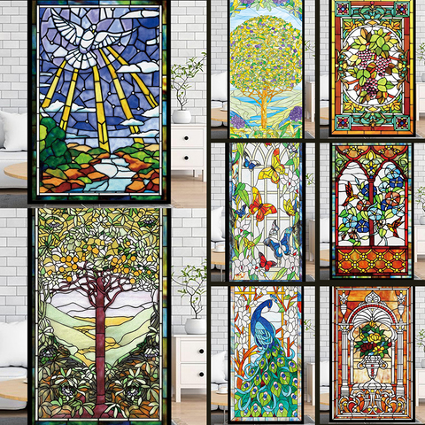 Frosted Privacy Window Film Stained Glass Film Retro European Church Style Colorful Window Stickers Shower Bathroom Glass Film ► Photo 1/6