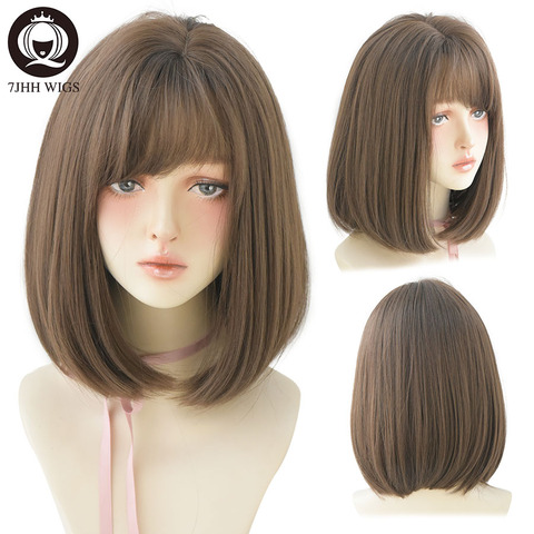 7JHH WIGS Omber Brown M Wigs With Side Bangs For Girl Bob Straight Hair Fashion Noble Heat Resistant Synthetic Wigs For Women ► Photo 1/6