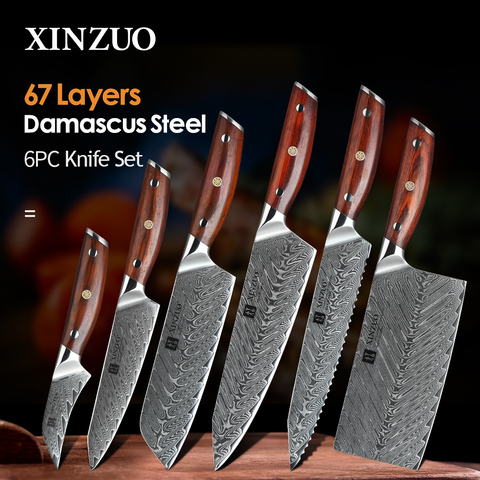XINZUO 6 PCS Kitchen Knife Cooking Sets Japanese Damascus Steel Kitchen Knives Chef Slicing Santoku Utility Bread Paring Knife ► Photo 1/6