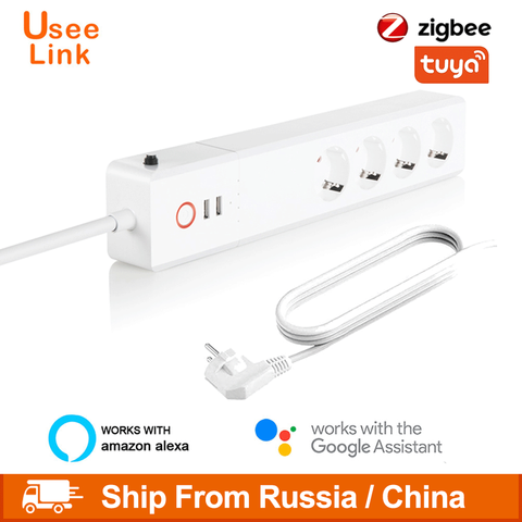 ZigBee Smart Power Strip EU/UK,UseeLink Smart Power Bar Multiple Outlet Extension Cord with 2 USB and 4 AC Plugs by Tuya ► Photo 1/6