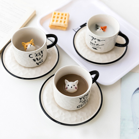 Creative Ceramics Mug with Spoon Tray Cute Cat Relief Coffee Milk Tea Handle Porcelain Cup Couple Water Cup Novelty Gifts ► Photo 1/6