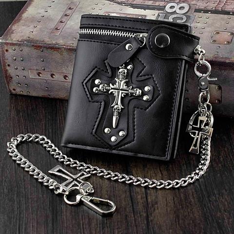 Norbinus Mens Gothic Cross Clasp Leather Wallet with Antique Biker Chain Black Coin Purse Punk Rock Skulls Card Holder Money Bag ► Photo 1/4