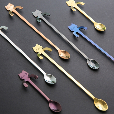 Cute Cat Stainless Steel Spoon Long Handle Ice Cream Coffee Spoons Teaspoon Mini Golden Dessert Cake Stirring Scoop Tableware ► Photo 1/6