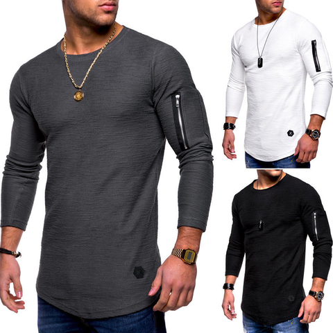 New Fashion Mens Sweater Casual Long Shirts Hip Hop Jersey Solid Color Round Neck Long Sleeve Arm Zipper Stitching  Pullovers ► Photo 1/5