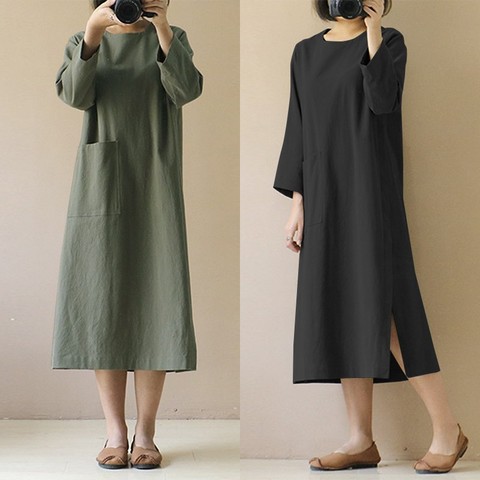 2022 ZANZEA Plus Size Linen Midi Dress Womens Autumn Sudress Casual Long Sleeve Split Tunic Vestidos Female Front Pocket Robe ► Photo 1/6