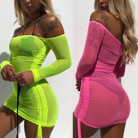 Autumn Long Sleeve Beach Style Neon Color Dress Sexy Mesh Sheer Bodycon Dress Womens Transparent See Through Mini Short Vestidos ► Photo 1/6