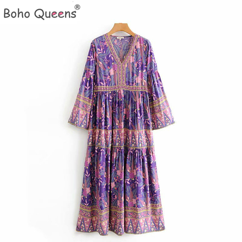 Boho Queens women purple floral print V-neck rayon beach Bohemian happie dress Ladies Tassel lace-up Summer Boho Maxi dress ► Photo 1/6