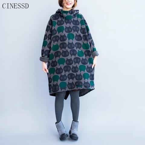 Plus Size Cat Print Hoodies 2022 Autumn Winter Kawaii Cartoon Women Vintage Long Hooded Sweatshirt Velvet Thick Hoodie Dress ► Photo 1/6