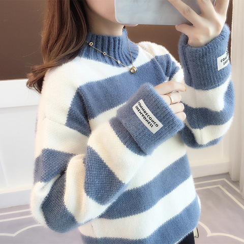 Sweater Women Turtleneck Pullover Jumper Stripe Thick Sweater Imitated Mink Wool Sweater Sweter Women Clothes Vestidos LXJ9005 ► Photo 1/6