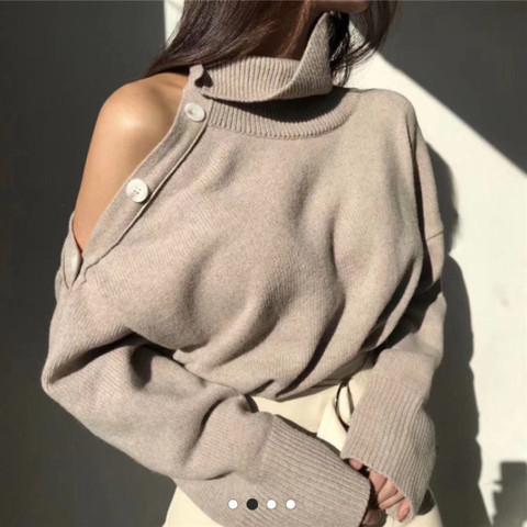 New 2022 Spring Elegant Women Sweaters Sexy Strapless Turtleneck Loose Knitted Pullovers Female Casual Solid Tops Outwear ► Photo 1/6