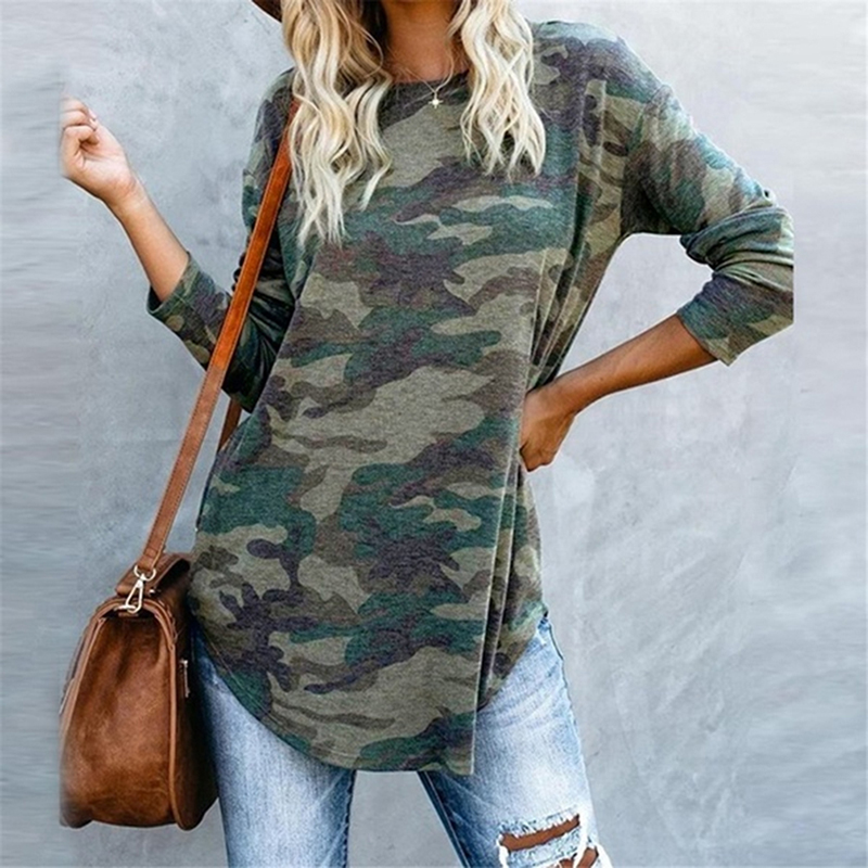 TOTOD Women Camouflage Splicing Casual Tee Shirt Ladies Loose Long Sleeve 0-Neck Top Autumn Blouse