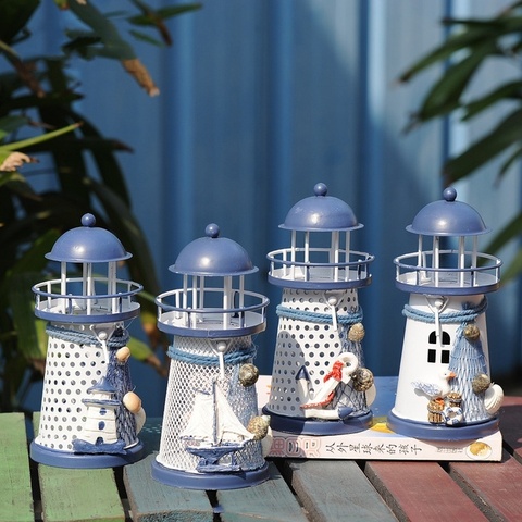 1PCs Creative Candle Holders Mediterranean Lighthouse Iron Candle Candlestick Blue White Candles Rack Stand Home Table Decor ► Photo 1/5