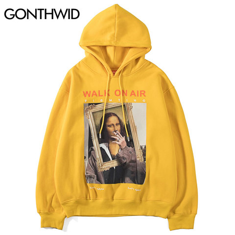 GONTHWID Funny Mona Lisa Smoking Print Fleece Hoodies Pullover Hooded Sweatshirts Harajuku Hip Hop Streetwear Hoodie Casual Tops ► Photo 1/6