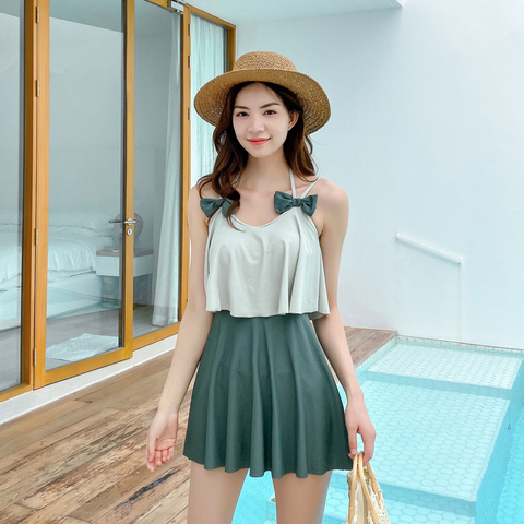 Women's Push Up One Piece Swimwear Padded Swimsuit Swimdress Green Patchwork Girls Flounce Skirt Bathing Suit Summer 2022 Female ► Photo 1/6