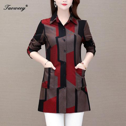 2022 spring stye Women's Shirts red plus size 5XL o neck geometry elegant blusas Women Blouse Fashion New mother tops ► Photo 1/6