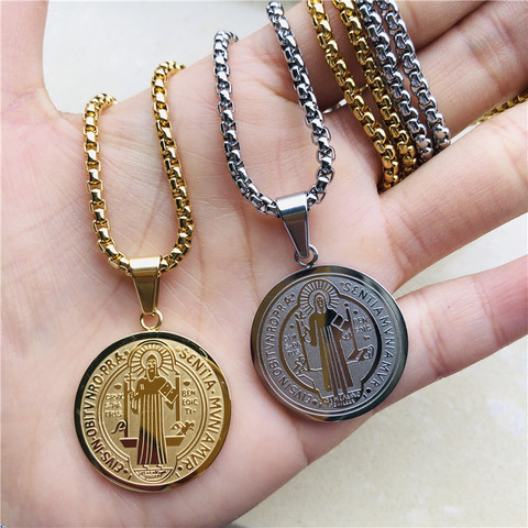 Catholic Saint Benedict Medallion Pendant Necklace Gold Silver Color Stainless Steel San Benito Collares For Men Jewelry ► Photo 1/6