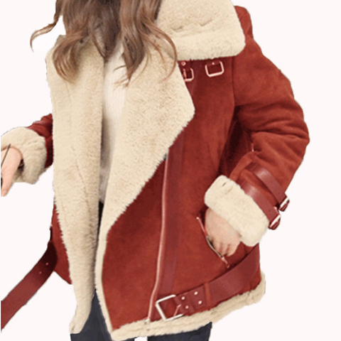 Women Winter Faux Leather Fleece Long Sleeve Lapel Zipper Jacket Coat Outerwear Lady's solid color and plush jacket ► Photo 1/6