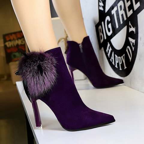 2022 Winter Women Boots Crystal High Heels Suede Pointed Rabbit Hair Boots Fashion Ankle Boots Thin Heels Shoes Woman Sapatos ► Photo 1/6