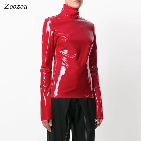 Women Latex Patent Leather Long Sleeve Tops Back Zipper Turtleneck Warm Pullover Black Red Leather Clothes Streetwear Custom ► Photo 1/6