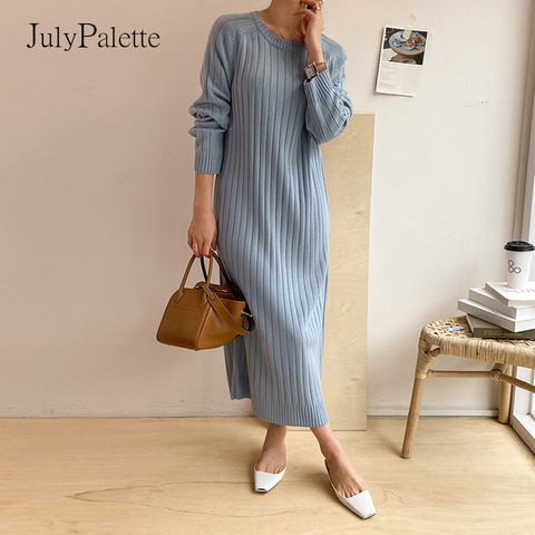 JulyPalette Solid O-neck Knitted Dress Women's Long Knit Straight Dress Autumn Winter Casual Elastic Loose Femme Maxi Vestidos ► Photo 1/6