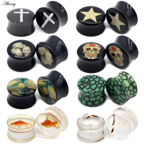 Alisouy 2pc Cross Star Skull Leopard Double Flared Ear Plug Acrylic Saddle Gauge Flesh Tunnel Piercing Body Jewelry Ear Expander ► Photo 1/6