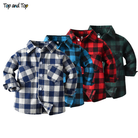Top and Top Spring Autumn Fashion Baby Boy Long Sleeve Cotton Plaid Shirt Casual Turn-down Classic Kids Gentleman Blouses Tops ► Photo 1/6