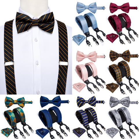 New Fashion 100% Silk Men's Suspender Bow Tie Set Leather Metal 6 Clips Braces Black Gold Striped Wedding Suspenders Men DiBanGu ► Photo 1/6