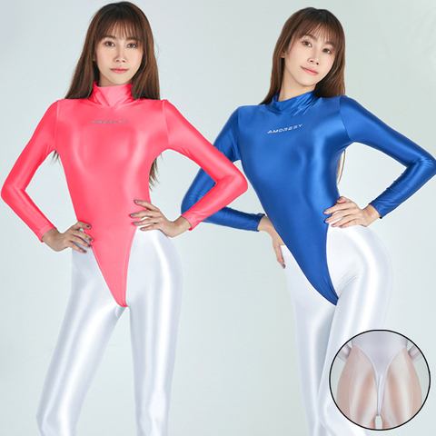 XCKNY One piece T-shaped swimsuit women's sexy tight gloss high fork long sleeve swimsuit solid T-shirt amoresy ► Photo 1/6