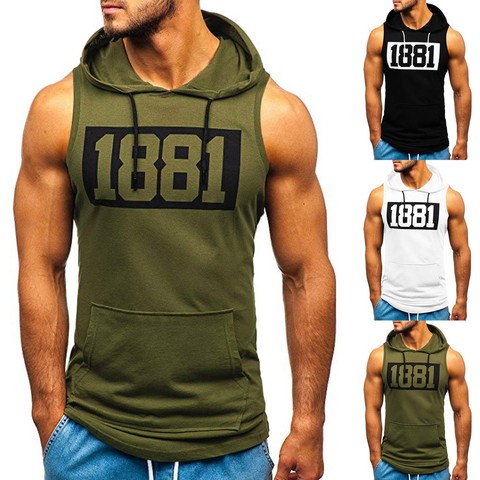 Sports Tank Tops Men Fitness Muscle Print Sleeveless Hooded Bodybuilding Pocket Tight-drying Tops Summer Shirt For Men Clothing ► Photo 1/6