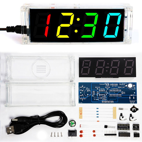 diy electronic clock kit 4 digital tube multicolor LED time week temperature date display with clear case cover diy sodering kit ► Photo 1/6